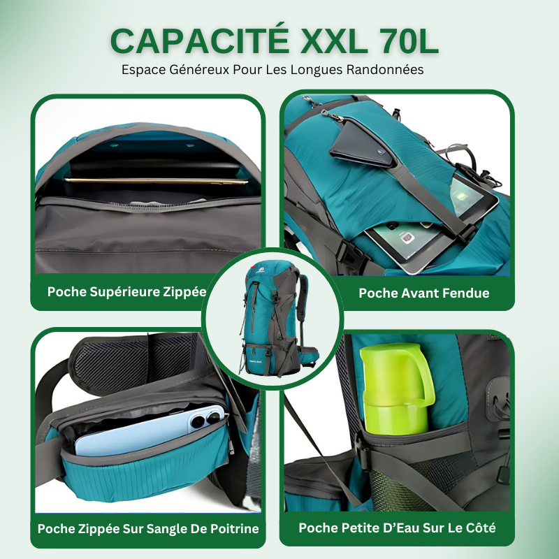 Sac de Trekking Randonnée 70L - Imperméable & Ultra Léger